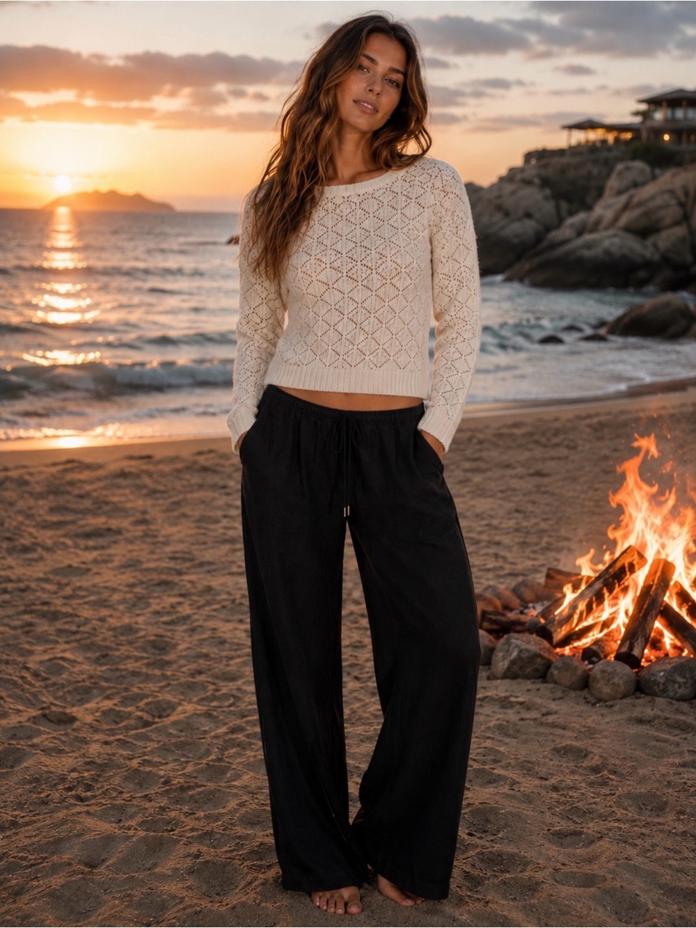 Dex Cream Open-Work Crewneck Sweater